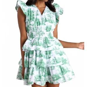 NEW PROSPERINA bridget ruffle mini dress in eden green toile
